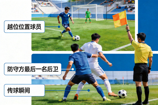 足球比赛越位示意图，裁判举旗瞬间